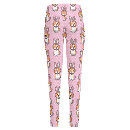 Bunny Corgi Pattern Print High-Waisted Pocket Leggings