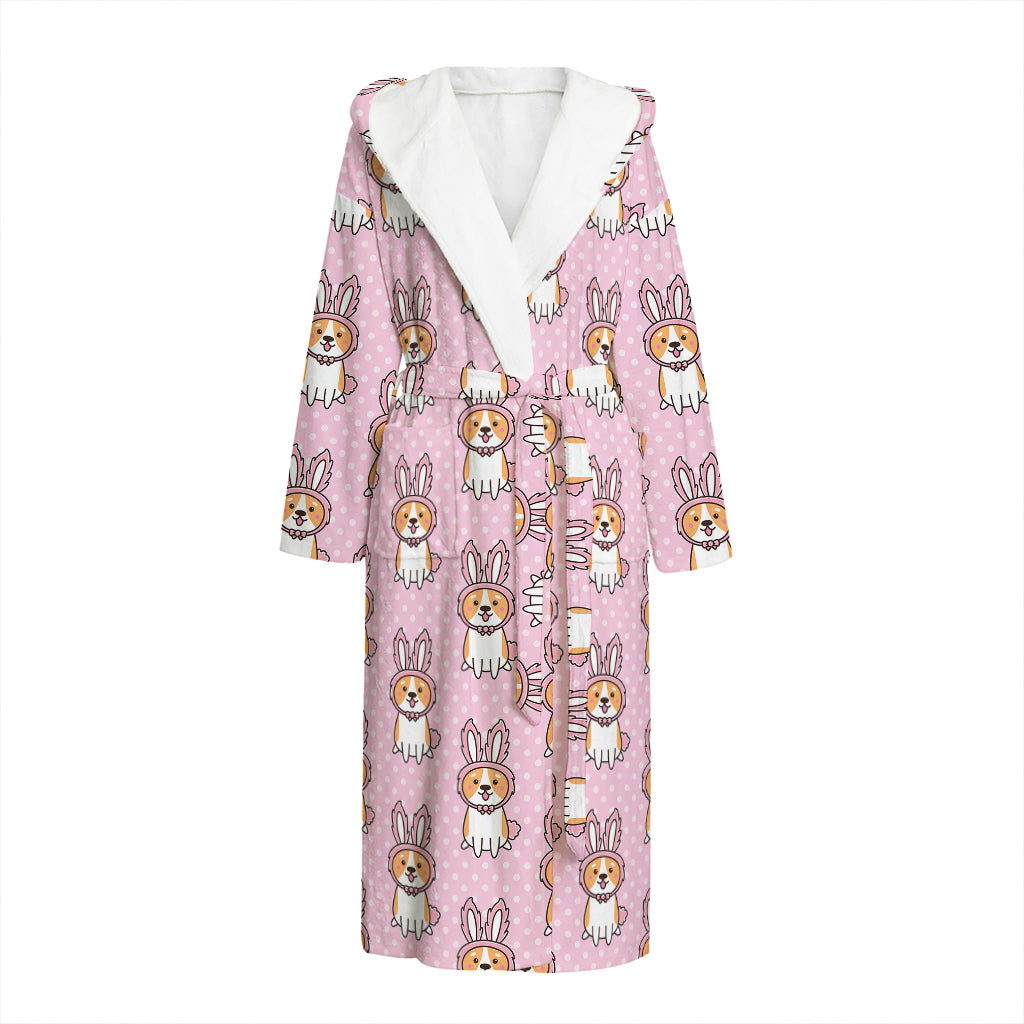 Bunny Corgi Pattern Print Hooded Bathrobe