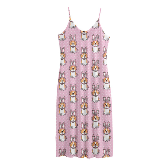 Bunny Corgi Pattern Print Jersey Midi Cami Dress