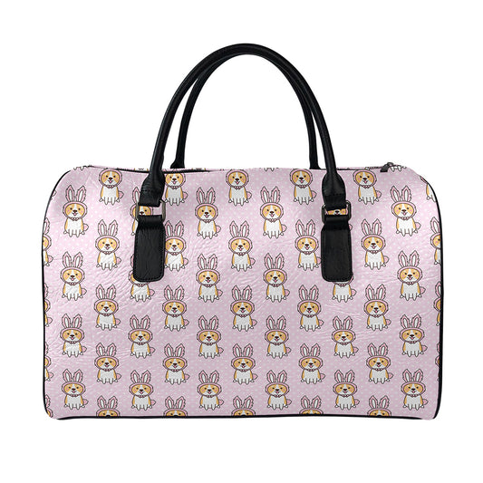 Bunny Corgi Pattern Print Leather Duffle Bag