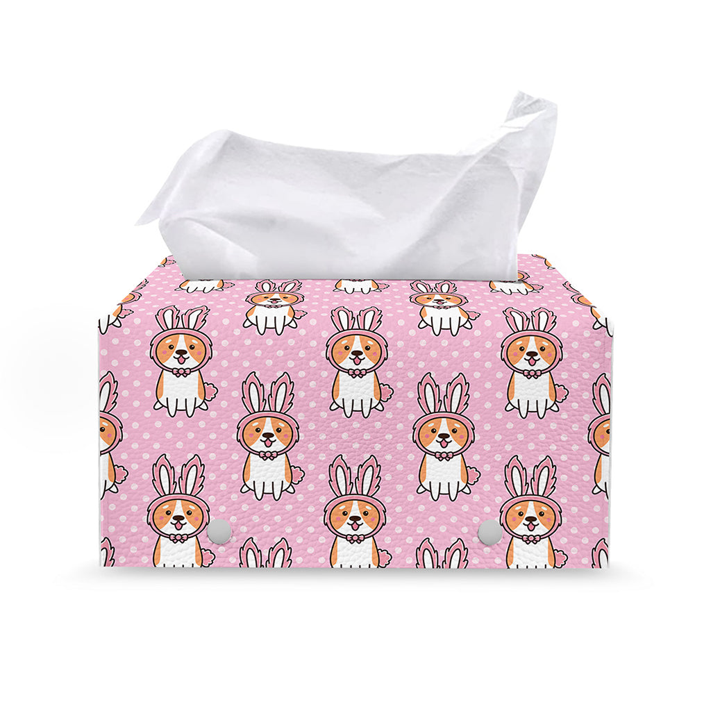 Bunny Corgi Pattern Print Leather Tissue Box Cover