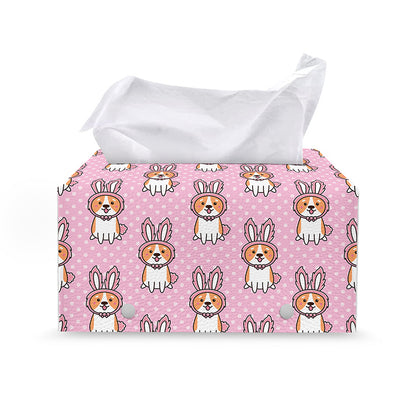 Bunny Corgi Pattern Print Leather Tissue Box Cover