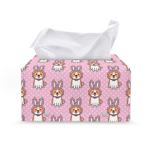 Bunny Corgi Pattern Print Leather Tissue Box Cover