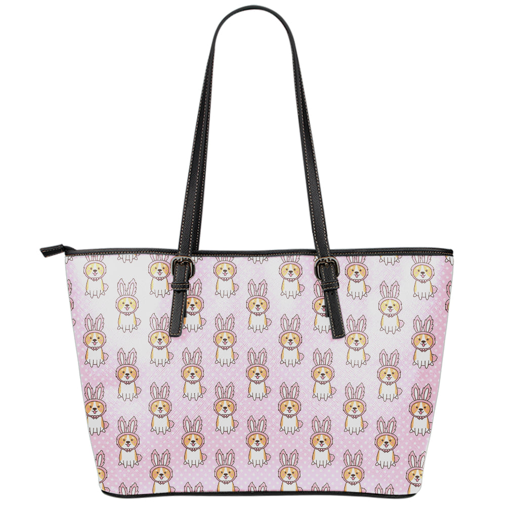 Bunny Corgi Pattern Print Leather Tote Bag