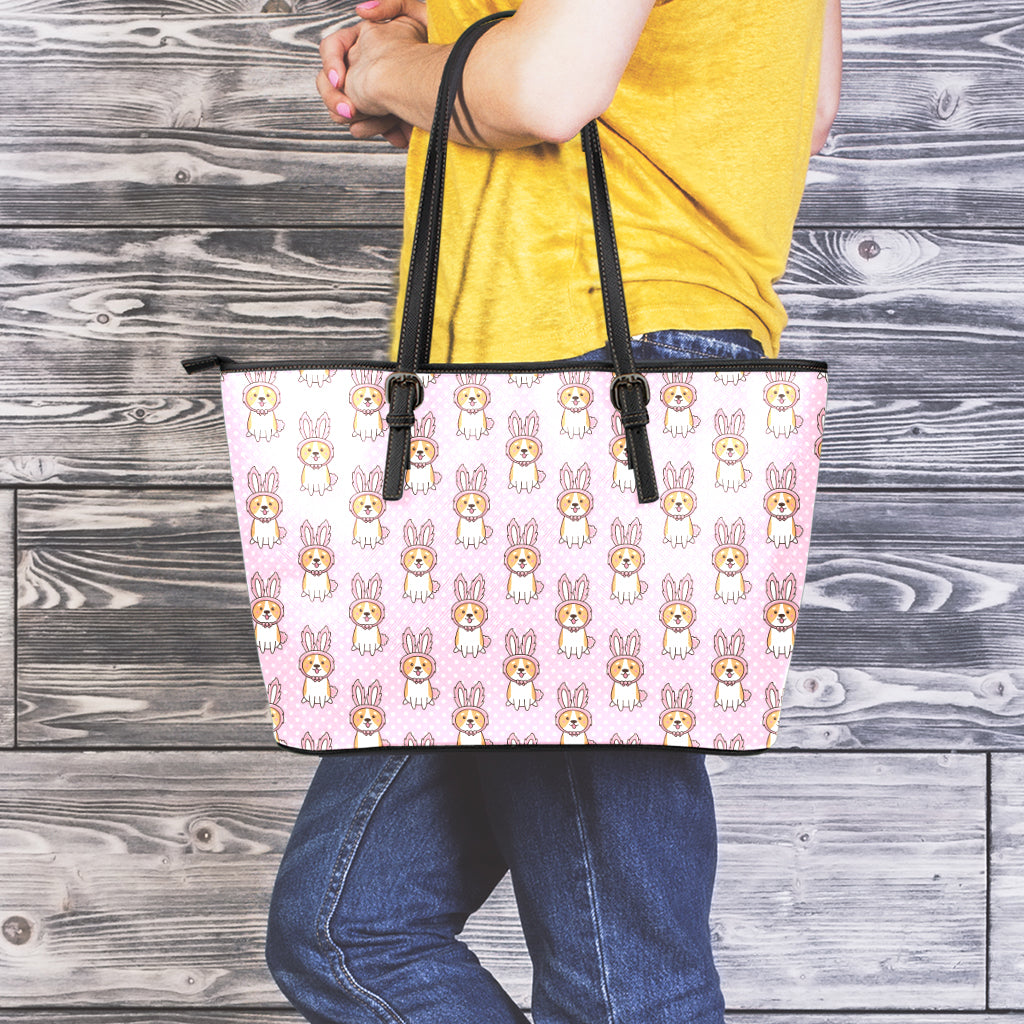 Bunny Corgi Pattern Print Leather Tote Bag