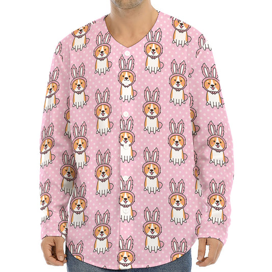 Bunny Corgi Pattern Print Long Sleeve Baseball Jersey