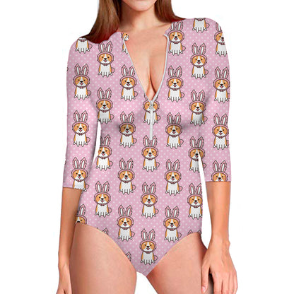 Bunny Corgi Pattern Print Long Sleeve Swimsuit