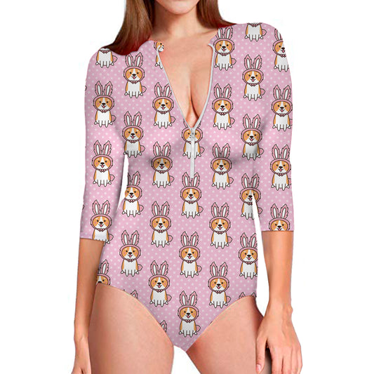Bunny Corgi Pattern Print Long Sleeve Swimsuit
