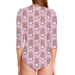 Bunny Corgi Pattern Print Long Sleeve Swimsuit