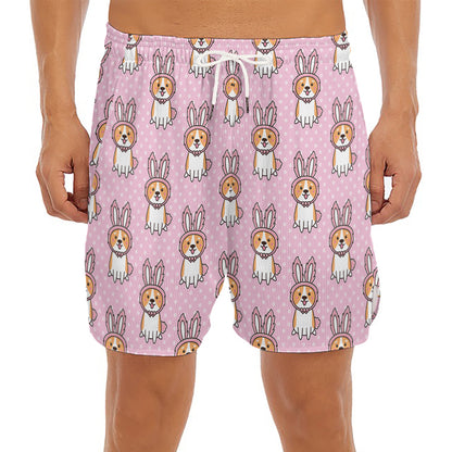Bunny Corgi Pattern Print Men's Split Running Shorts