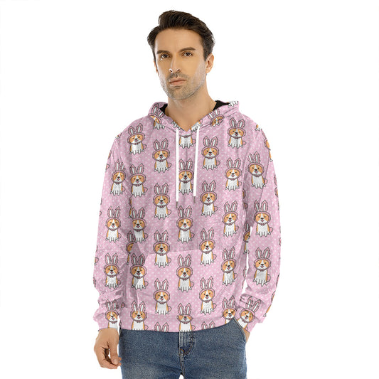Bunny Corgi Pattern Print Men's Velvet Pullover Hoodie