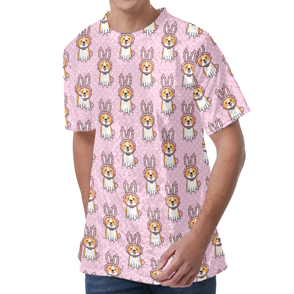 Bunny Corgi Pattern Print Men's Velvet T-Shirt