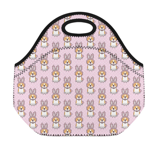 Bunny Corgi Pattern Print Neoprene Lunch Bag