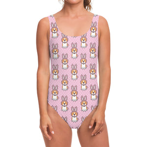 Bunny Corgi Pattern Print One Piece Swimsuit