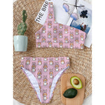 Bunny Corgi Pattern Print One Shoulder Bikini Top