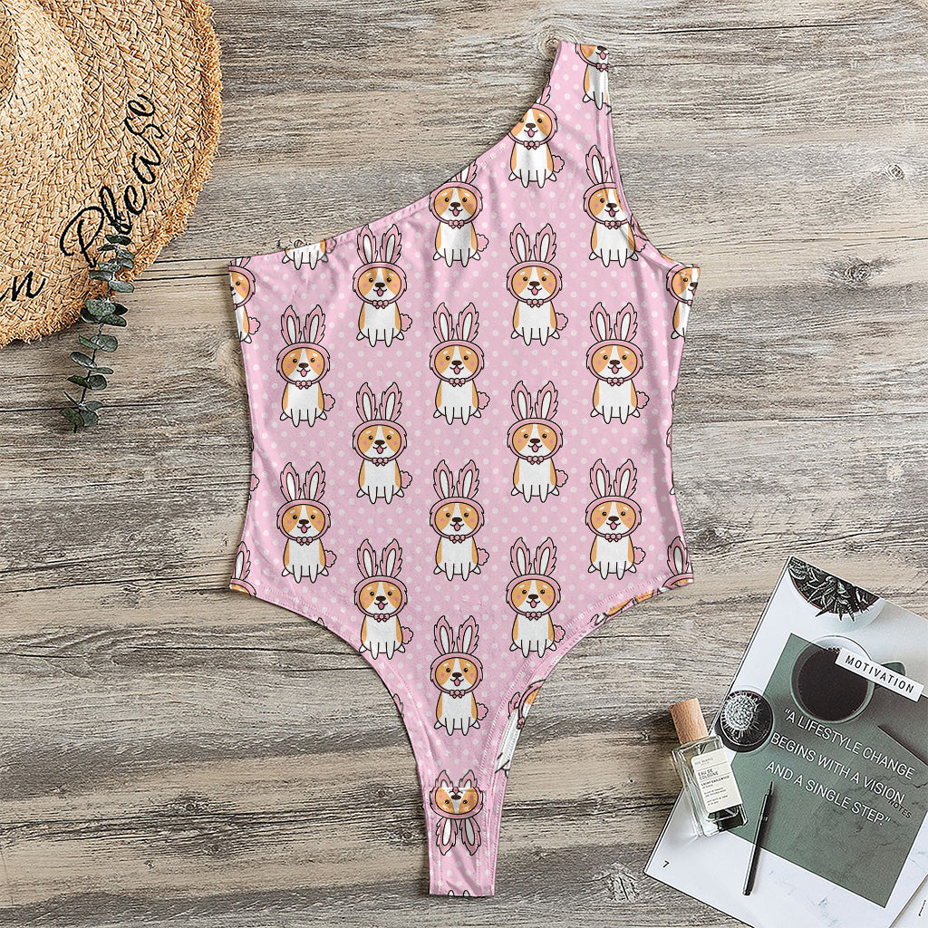 Bunny Corgi Pattern Print One Shoulder Bodysuit
