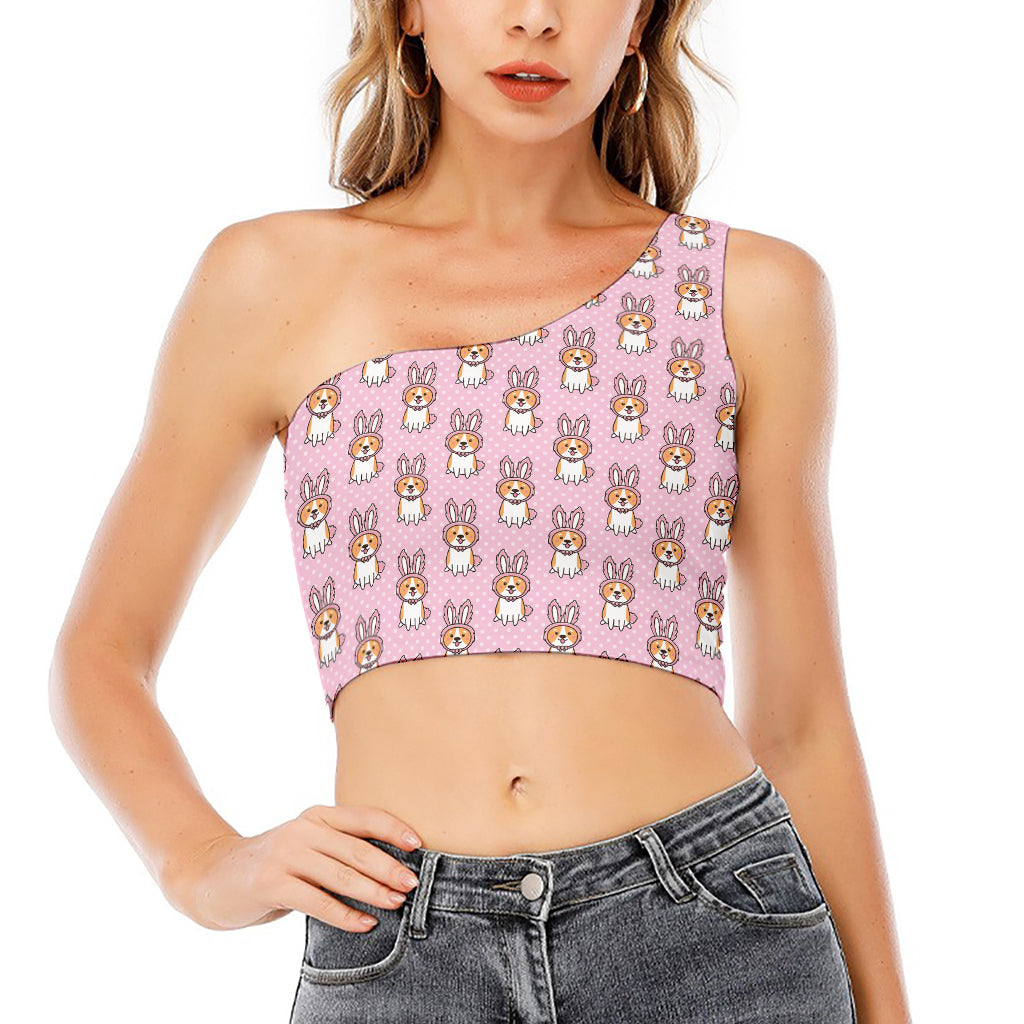 Bunny Corgi Pattern Print One Shoulder Crop Top