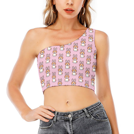 Bunny Corgi Pattern Print One Shoulder Crop Top