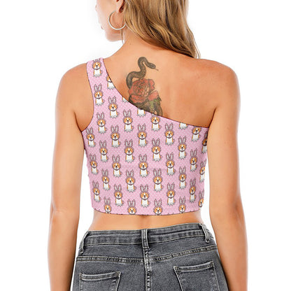 Bunny Corgi Pattern Print One Shoulder Crop Top