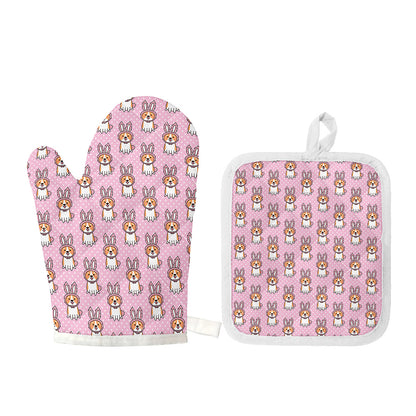 Bunny Corgi Pattern Print Oven Mitt And Pot Holder Set