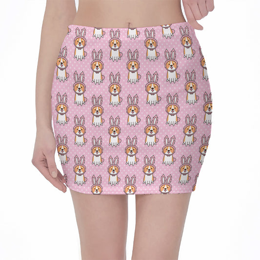 Bunny Corgi Pattern Print Pencil Mini Skirt