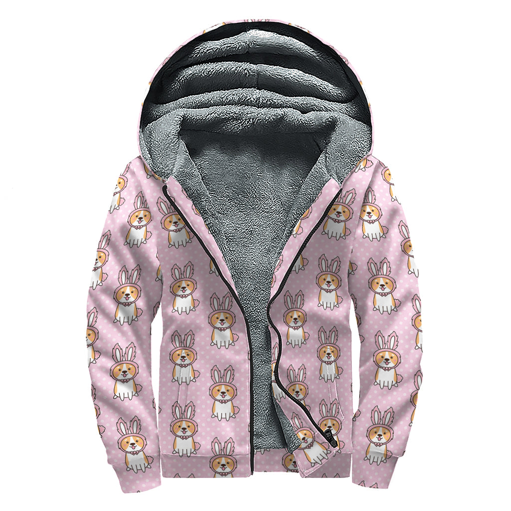 Bunny Corgi Pattern Print Sherpa Lined Zip Up Hoodie
