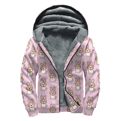 Bunny Corgi Pattern Print Sherpa Lined Zip Up Hoodie