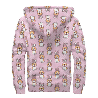 Bunny Corgi Pattern Print Sherpa Lined Zip Up Hoodie