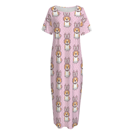 Bunny Corgi Pattern Print Short Sleeve Long Nightdress