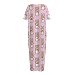 Bunny Corgi Pattern Print Short Sleeve Long Nightdress