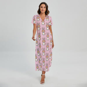 Bunny Corgi Pattern Print Short Sleeve Maxi Dress