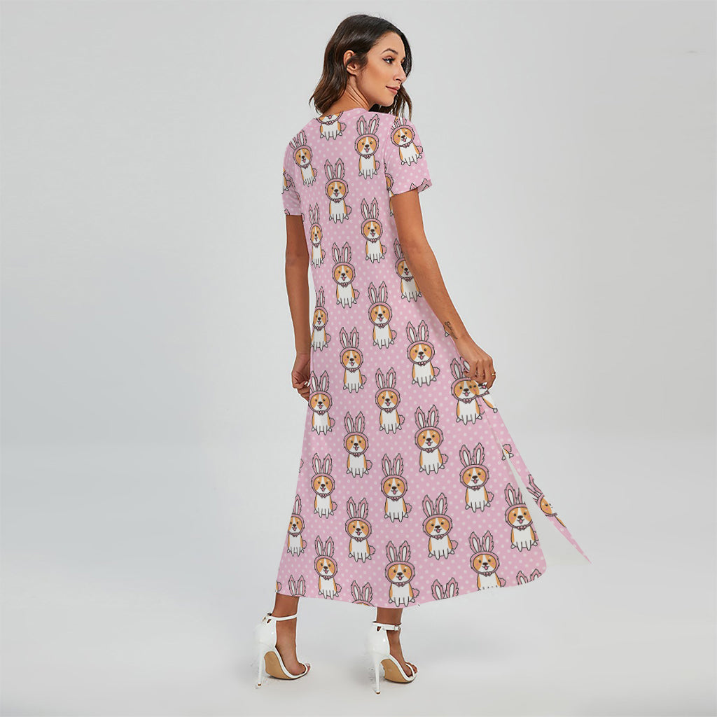 Bunny Corgi Pattern Print Short Sleeve Maxi Dress