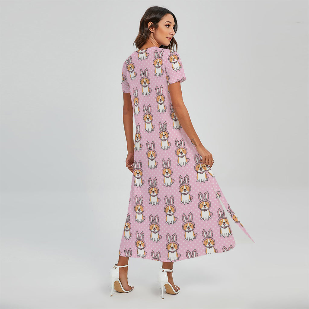 Bunny Corgi Pattern Print Short Sleeve Maxi Dress