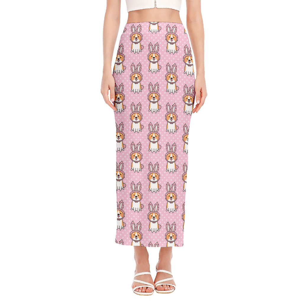 Bunny Corgi Pattern Print Side Slit Maxi Skirt
