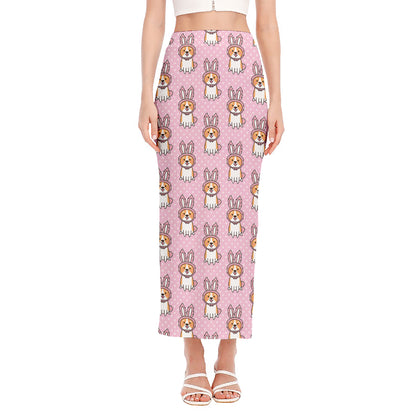 Bunny Corgi Pattern Print Side Slit Maxi Skirt