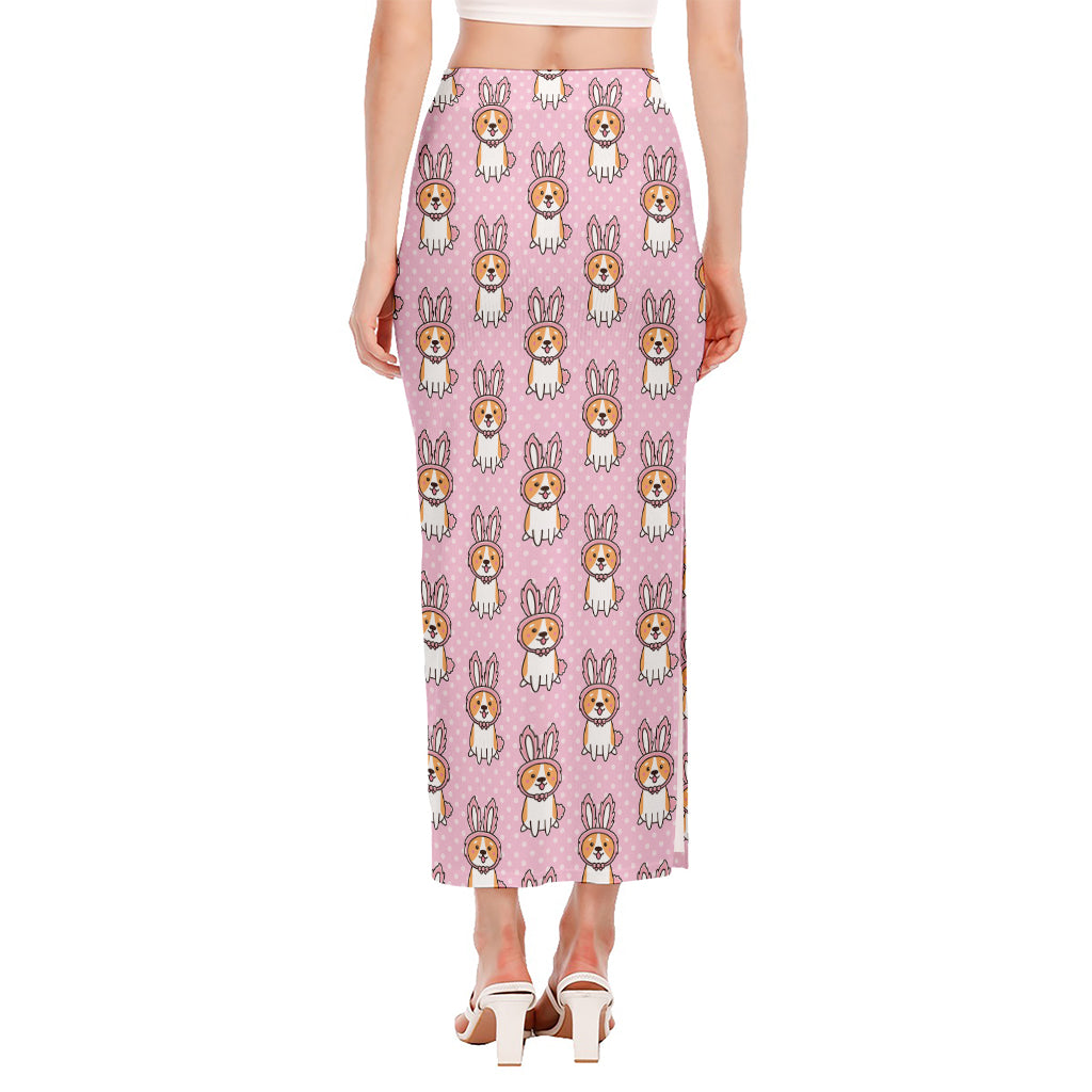Bunny Corgi Pattern Print Side Slit Maxi Skirt