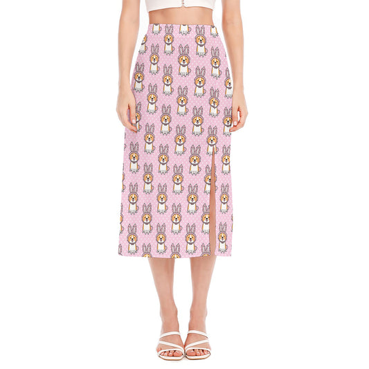 Bunny Corgi Pattern Print Side Slit Midi Skirt