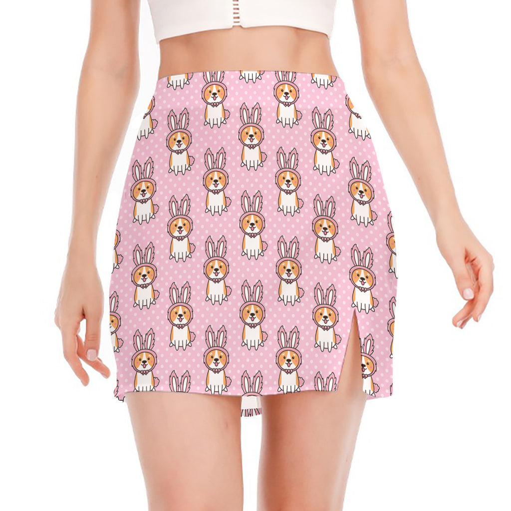 Bunny Corgi Pattern Print Side Slit Mini Skirt