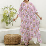 Bunny Corgi Pattern Print Silk V-Neck Kaftan Dress