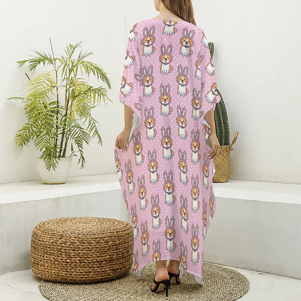 Bunny Corgi Pattern Print Silk V-Neck Kaftan Dress