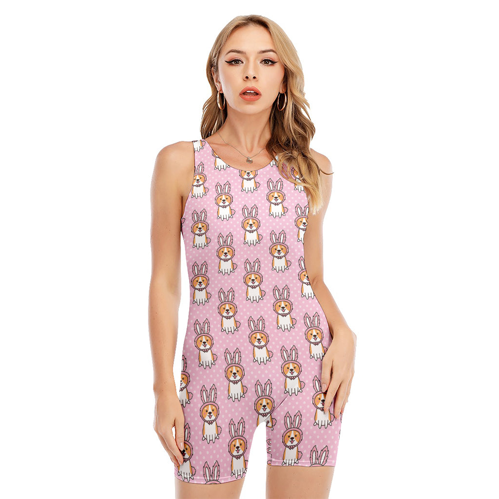 Bunny Corgi Pattern Print Sleeveless One Piece Swimsuit