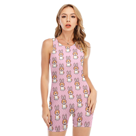 Bunny Corgi Pattern Print Sleeveless One Piece Swimsuit