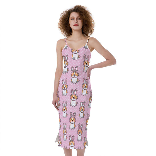 Bunny Corgi Pattern Print Slim Fit Midi Cami Dress