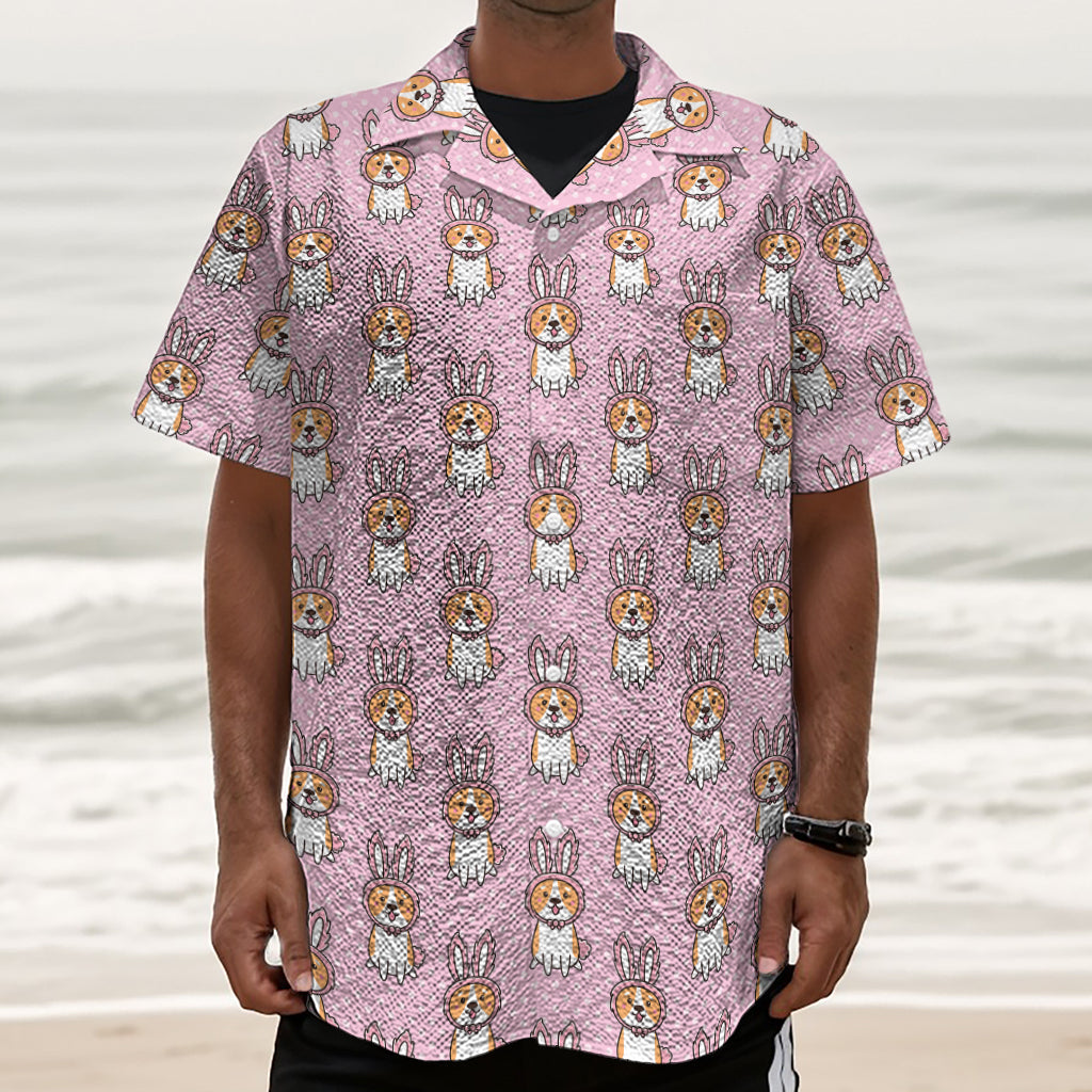 Bunny Corgi Pattern Print Textured Short Sleeve Shirt