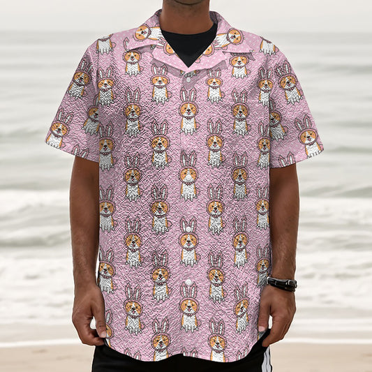 Bunny Corgi Pattern Print Textured Short Sleeve Shirt