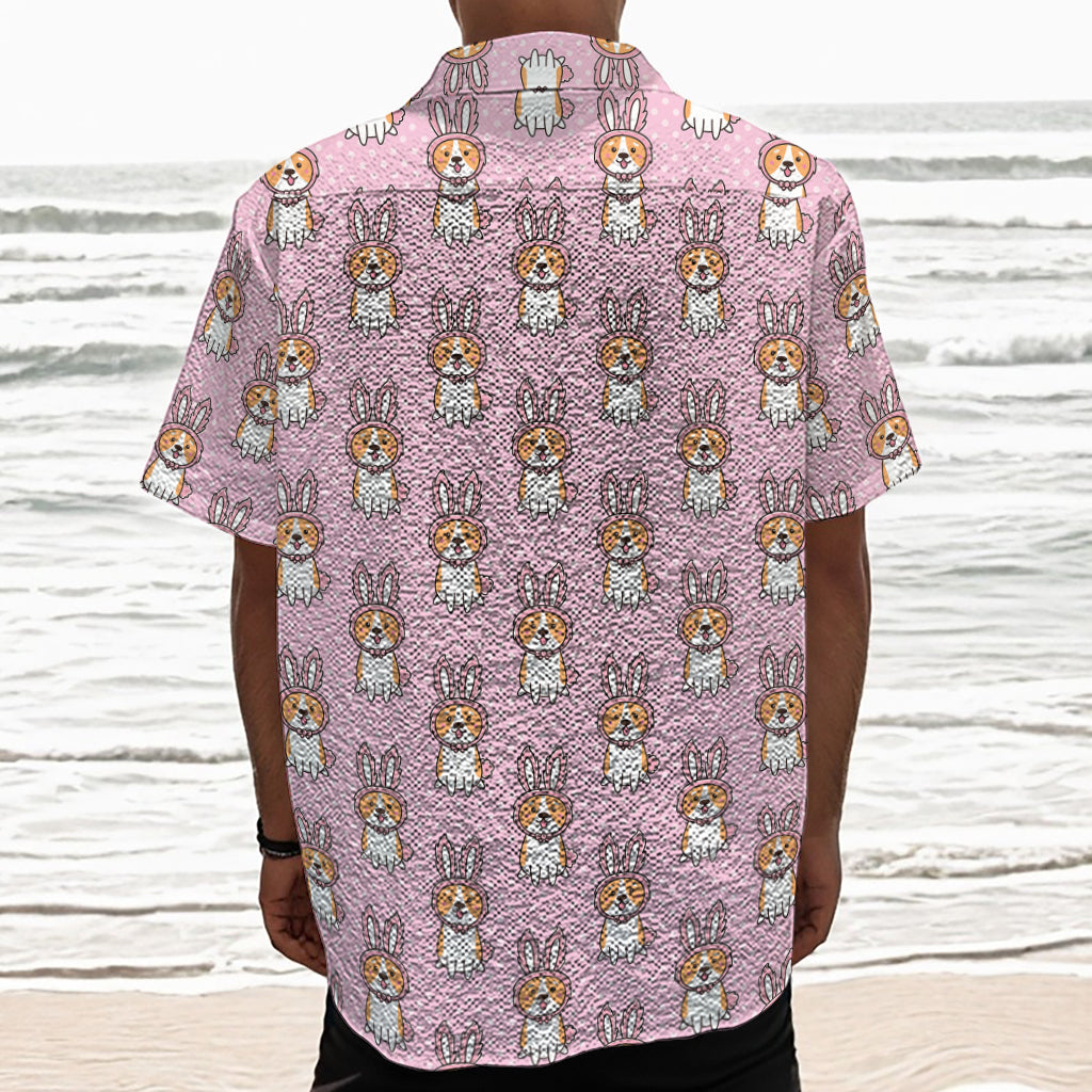 Bunny Corgi Pattern Print Textured Short Sleeve Shirt