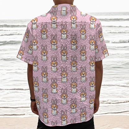 Bunny Corgi Pattern Print Textured Short Sleeve Shirt
