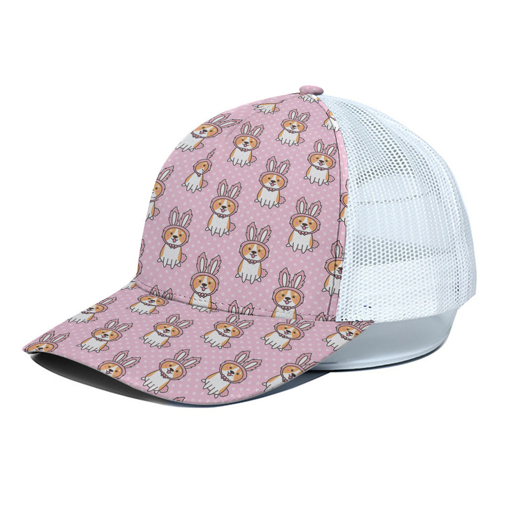 Bunny Corgi Pattern Print White Mesh Trucker Cap