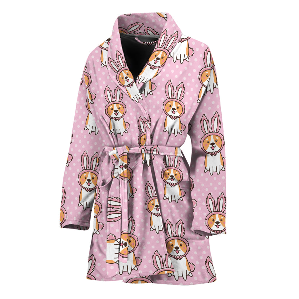 Bunny Corgi Pattern Print Women's Bathrobe