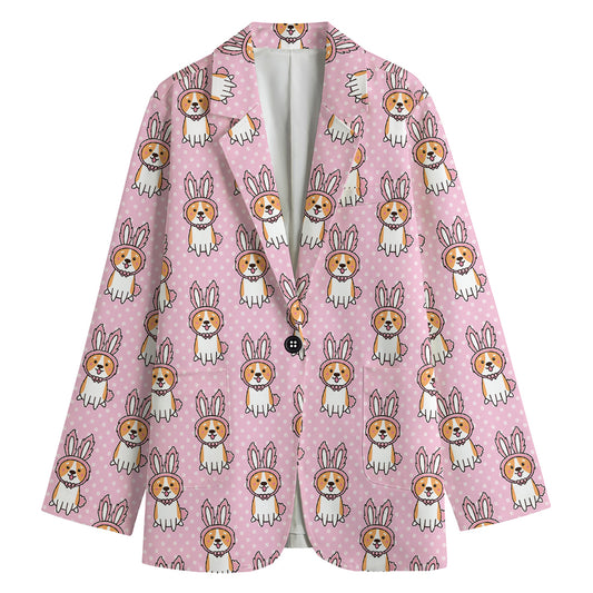 Bunny Corgi Pattern Print Women's Cotton Blazer
